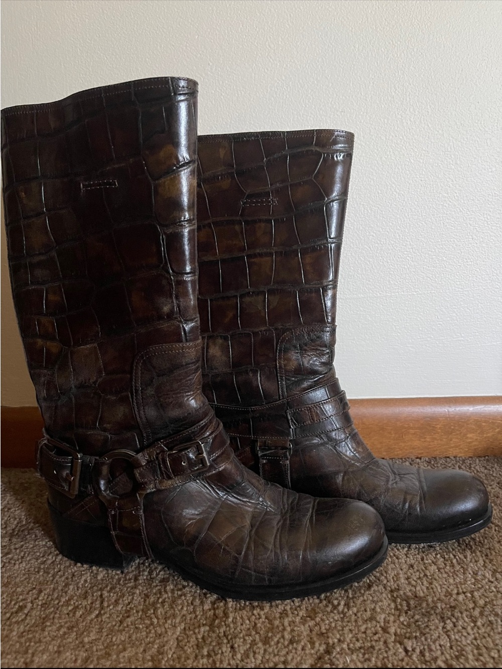 Dior Women's Croc-Embossed Dark Brown Leather Mid-Calf Boots